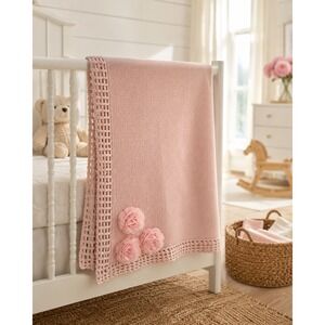 Bonbini New York Blush Pink Cotton Baby Blanket Rosette Appliqué 0-6M 33x46
